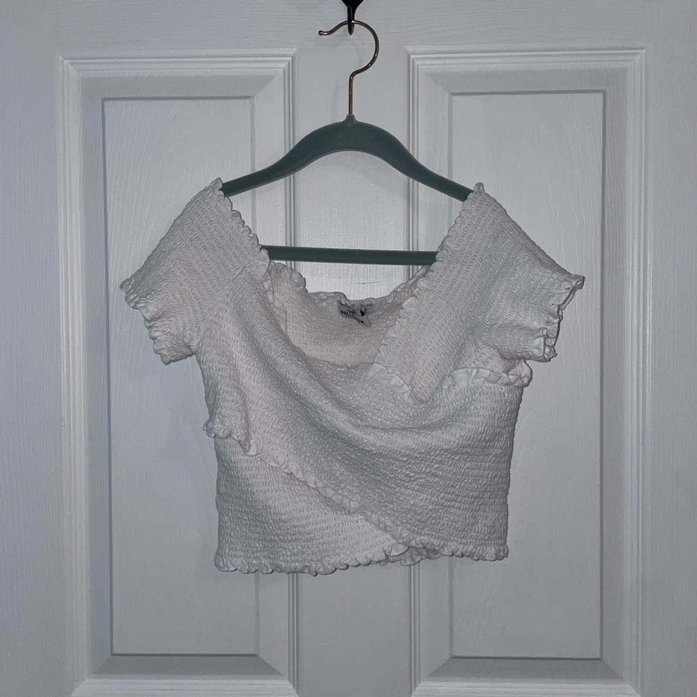 hollister ruched/shirred off shoulder cross top